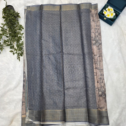 Banaras Tissue Linen Blend Saree in Smoky Grey with Antique Gold Borders
