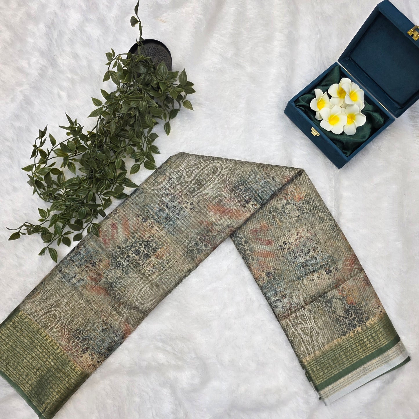 Banaras Tissue Linen Blend Saree in Earthy Olive Multi-Tone with Deep Green Borders