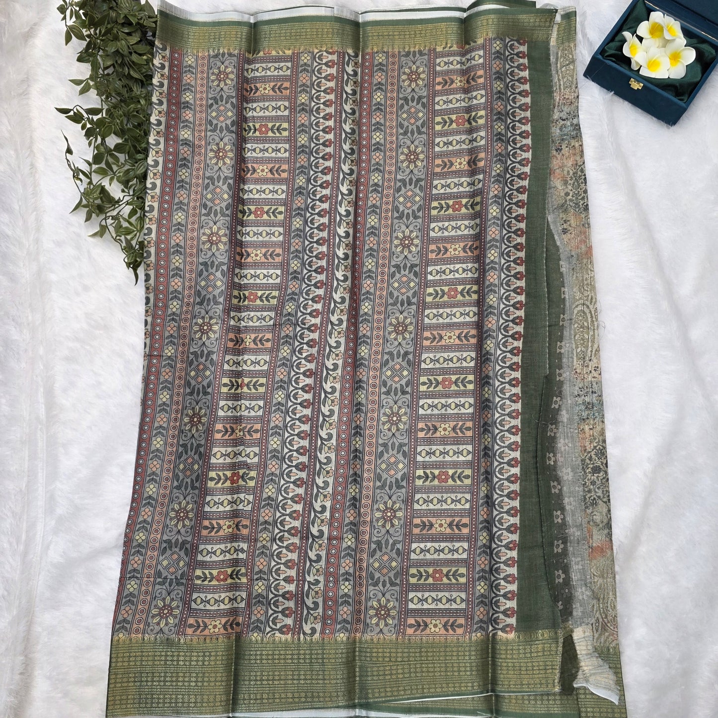 Banaras Tissue Linen Blend Saree in Earthy Olive Multi-Tone with Deep Green Borders