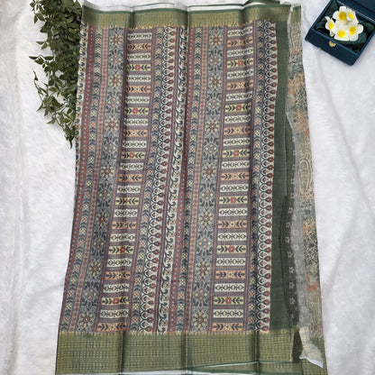 Banaras Tissue Linen Blend Saree in Earthy Olive Multi-Tone with Deep Green Borders