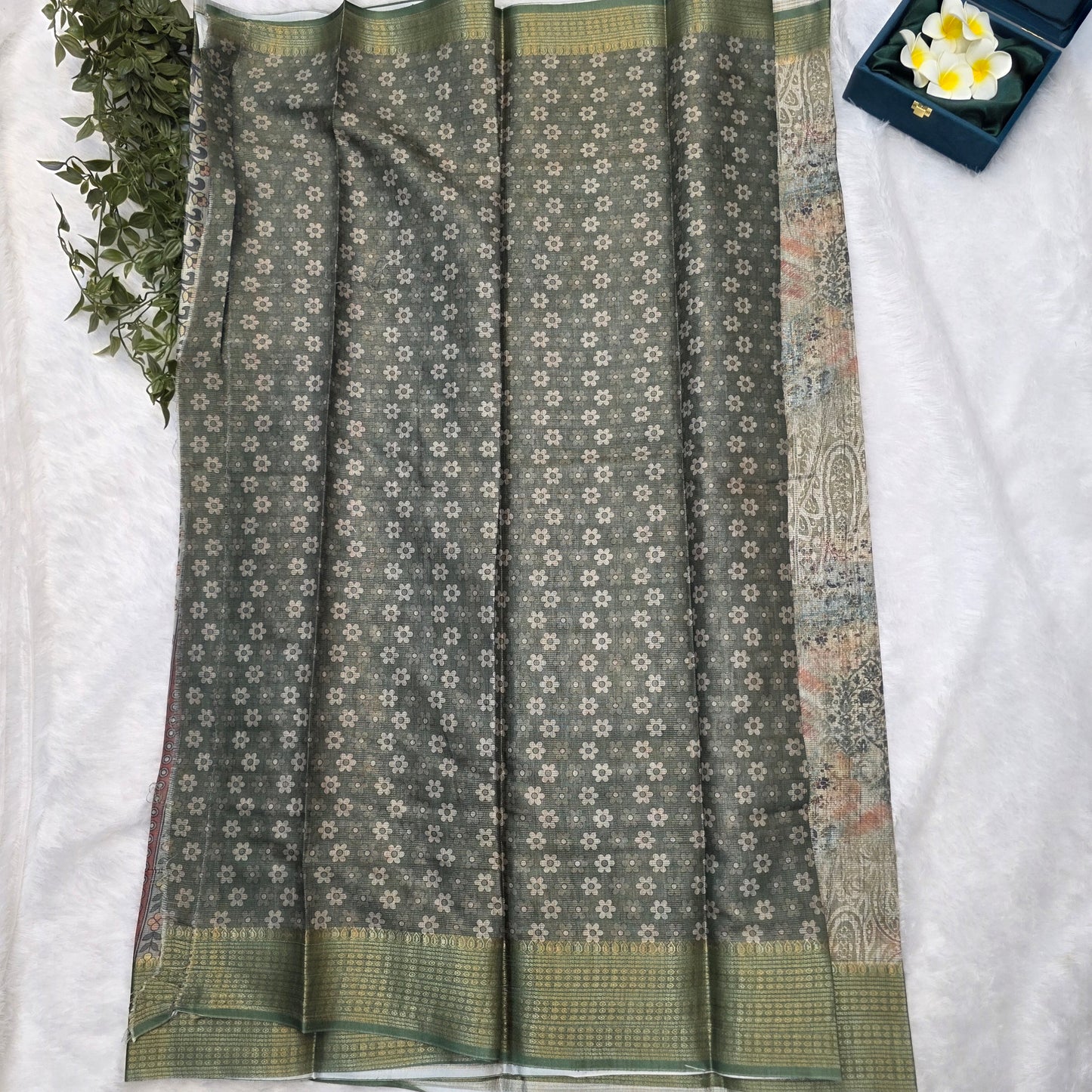Banaras Tissue Linen Blend Saree in Earthy Olive Multi-Tone with Deep Green Borders