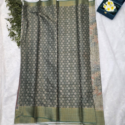 Banaras Tissue Linen Blend Saree in Earthy Olive Multi-Tone with Deep Green Borders
