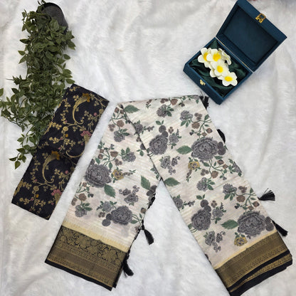 Silk Kalamkari Saree in Soft Ivory with Floral Butta Print and Black-Gold Borders