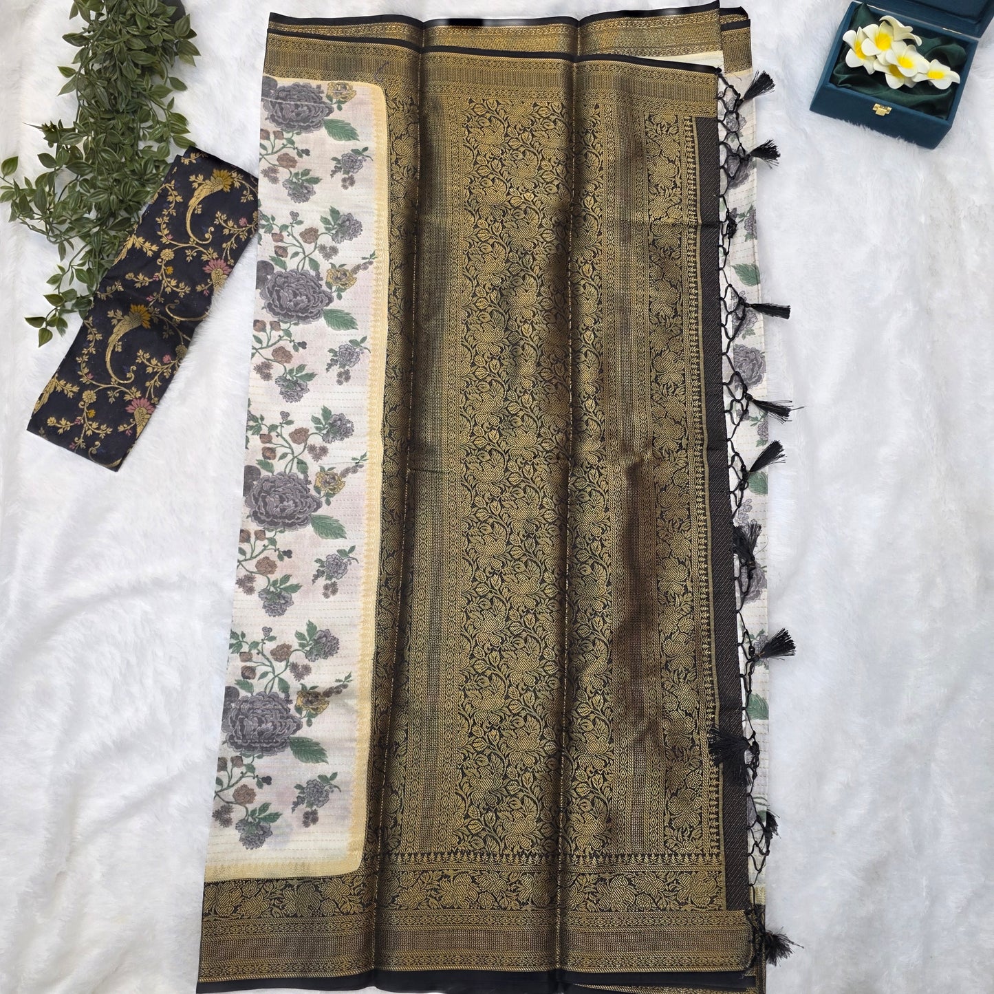 Silk Kalamkari Saree in Soft Ivory with Floral Butta Print and Black-Gold Borders
