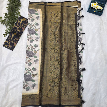 Silk Kalamkari Saree in Soft Ivory with Floral Butta Print and Black-Gold Borders