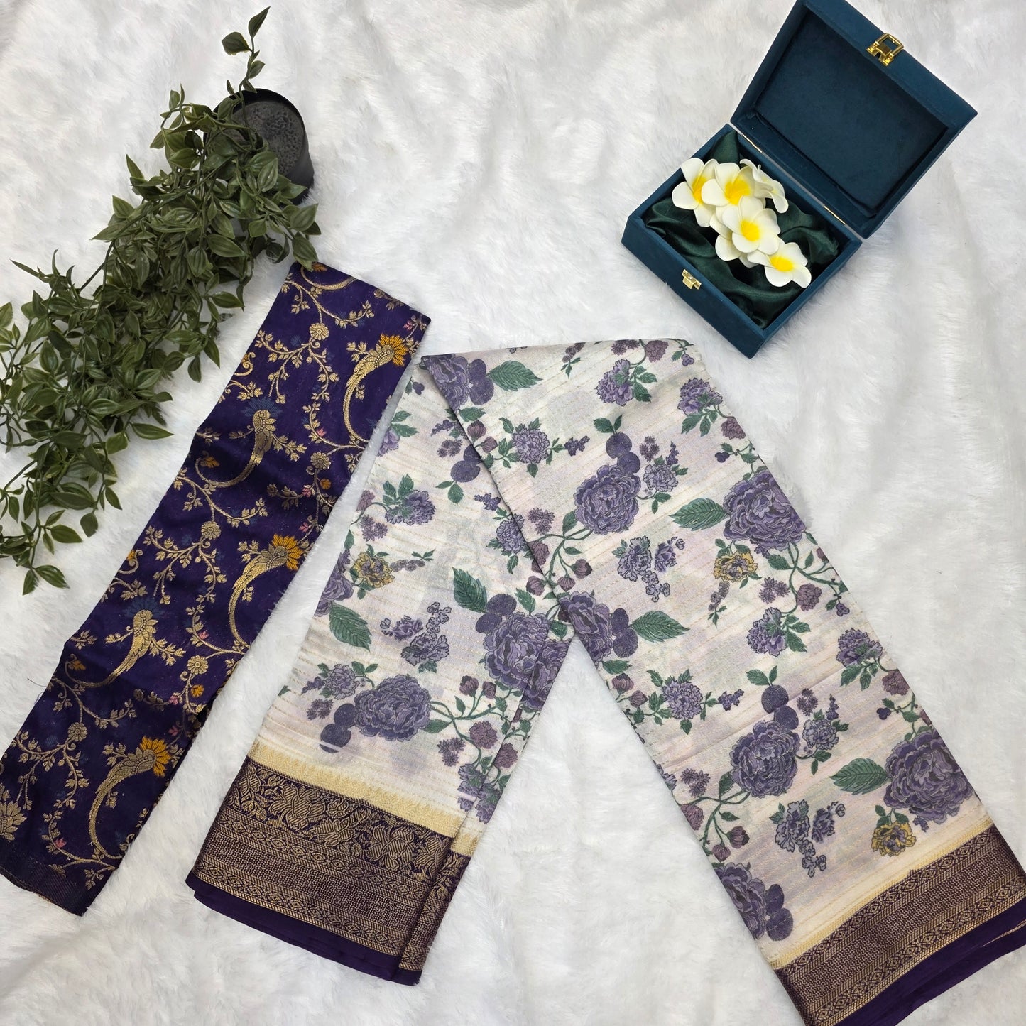 Silk Kalamkari Saree in Soft Ivory with Floral Butta Print and Purple-Gold Borders
