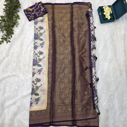 Silk Kalamkari Saree in Soft Ivory with Floral Butta Print and Purple-Gold Borders