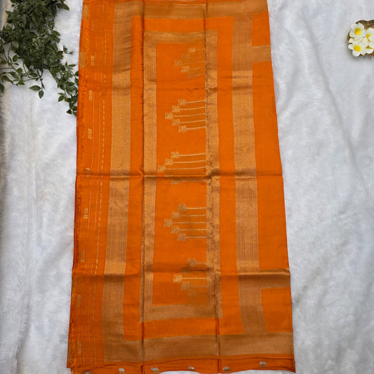 Pure Viscose Self Weave Saree in Vibrant Orange with Gold Zari Borders