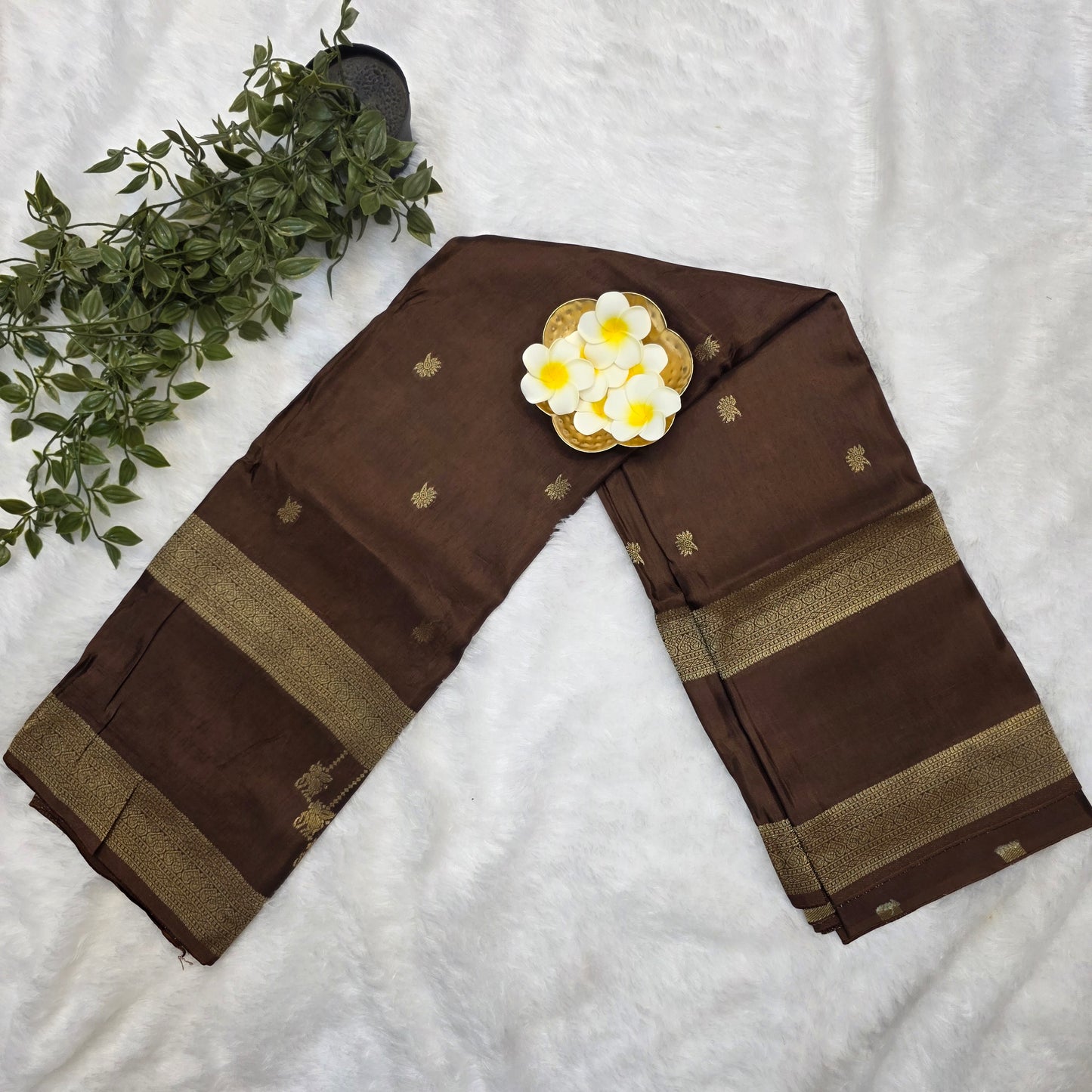Pure Viscose Self Weave Saree in Chocolate Brown with Gold Zari Borders