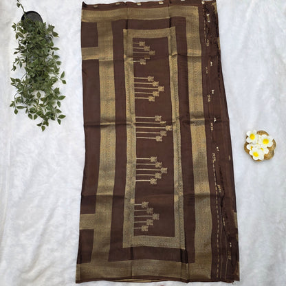 Pure Viscose Self Weave Saree in Chocolate Brown with Gold Zari Borders