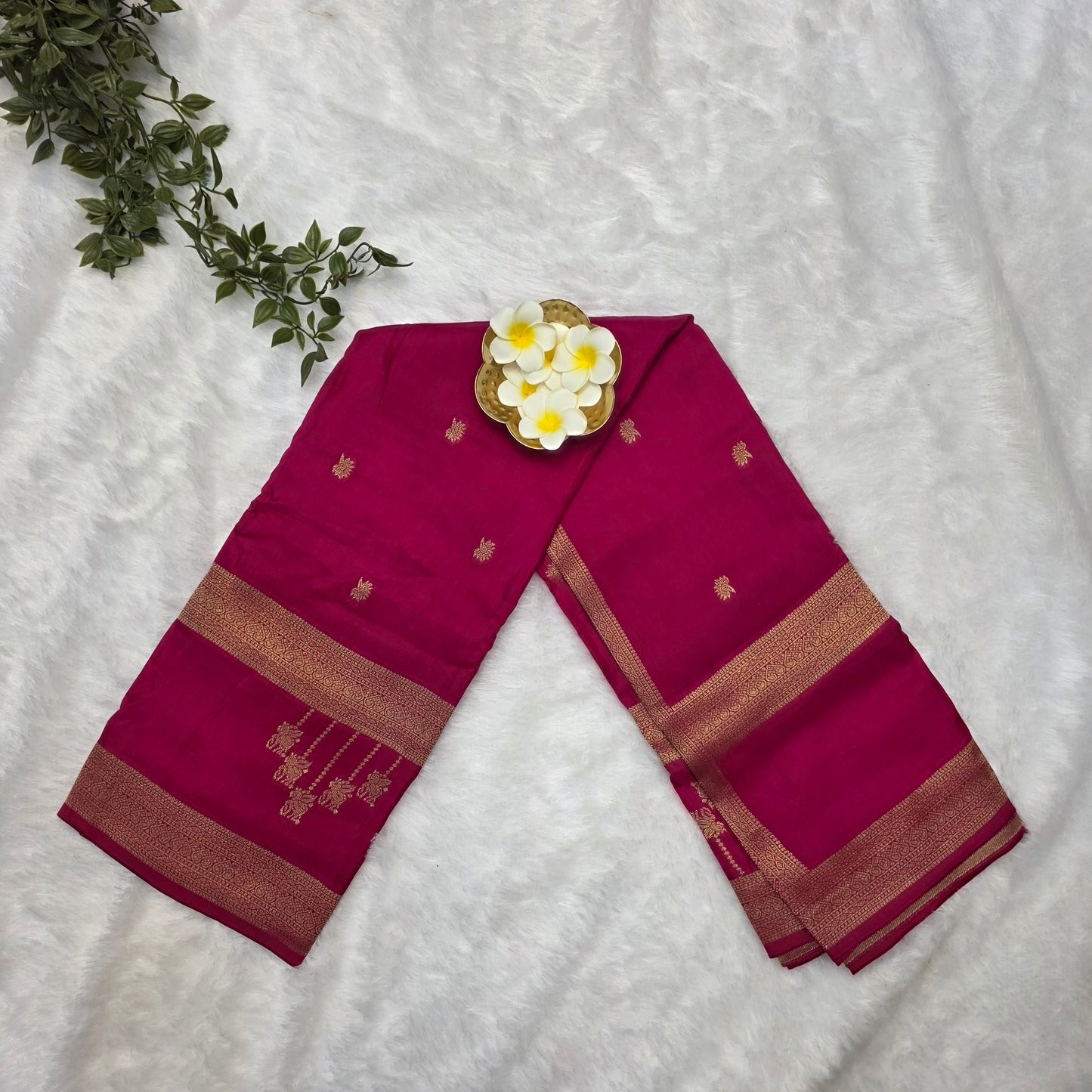 Pure Viscose Self Saree in Rani Pink with Rich Gold Zari Borders