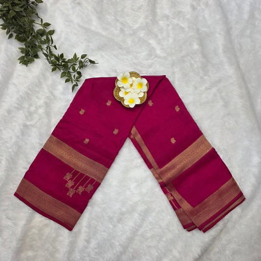 Pure Viscose Self Saree in Rani Pink with Rich Gold Zari Borders
