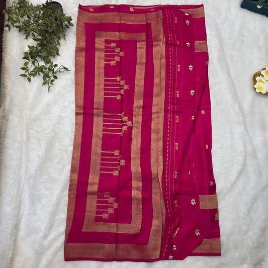Pure Viscose Self Saree in Rani Pink with Rich Gold Zari Borders