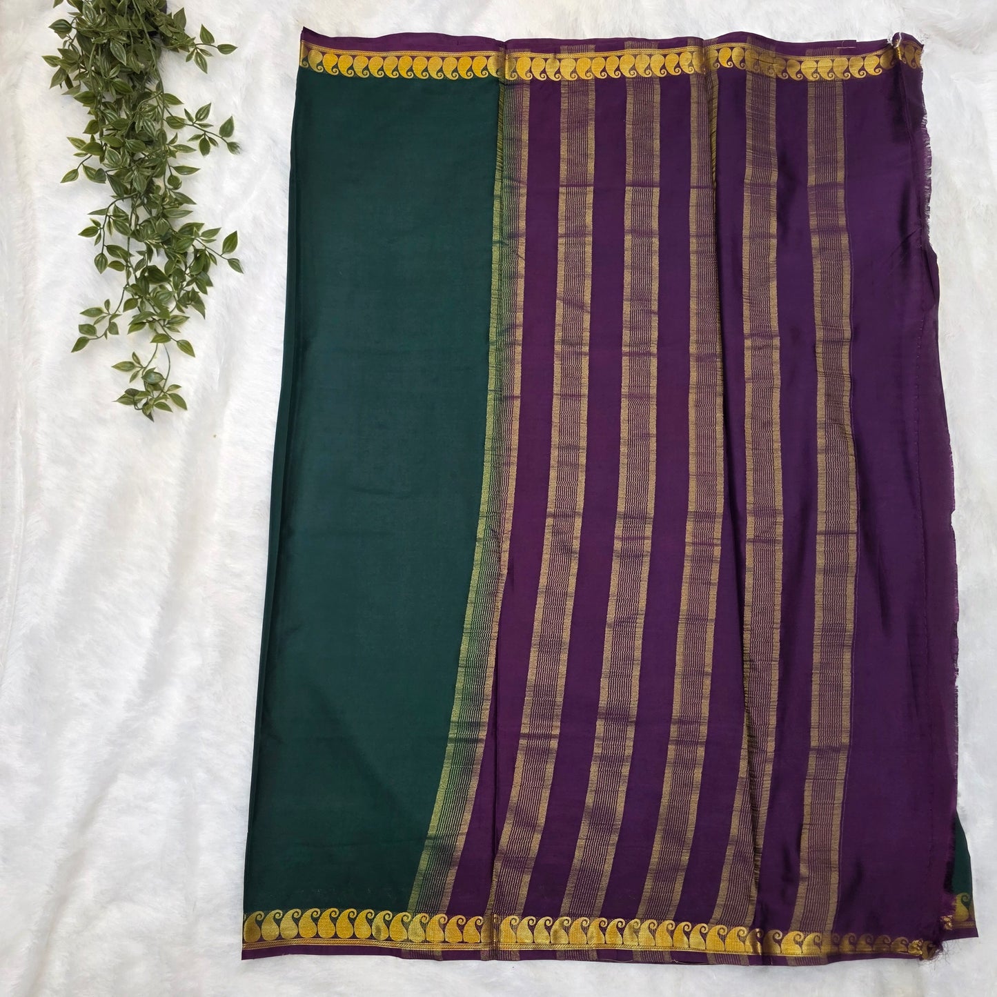 Premium Crepe Silk Saree in Deep Emerald Green with Rich Wine Pallu and Gold Zari Borders