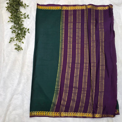 Premium Crepe Silk Saree in Deep Emerald Green with Rich Wine Pallu and Gold Zari Borders