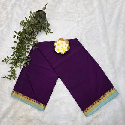 Premium Crepe Silk Saree in Regal Purple with Aqua Blue Pallu and Gold Zari Border