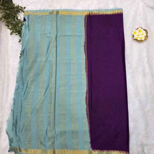 Premium Crepe Silk Saree in Regal Purple with Aqua Blue Pallu and Gold Zari Border