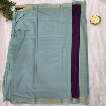 Premium Crepe Silk Saree in Regal Purple with Aqua Blue Pallu and Gold Zari Border