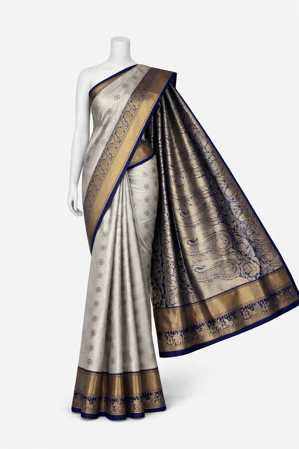 Kanchi Soft Silk Saree in Ash grey with Gold Accents and Navy Blue Borders