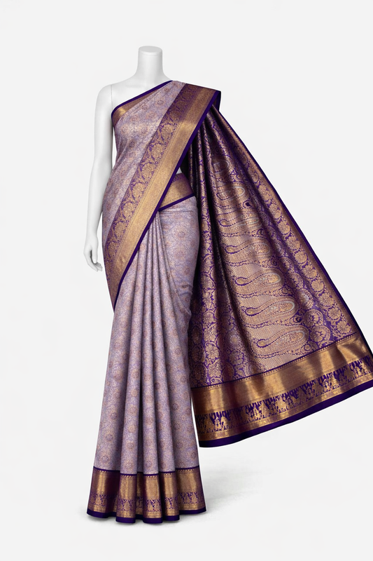 Kanchi Soft Silk Saree in Lavender gold Accents with Royal Purple Borders and Antique Gold Zari
