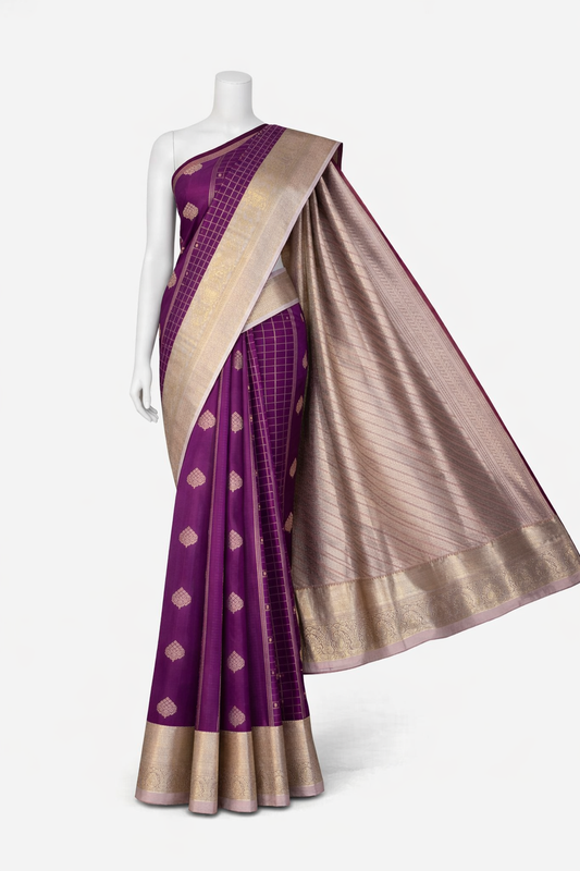Kanchi Soft Silk Saree in Rich Plum Purple with Dusty Rose Borders and Antique Zari