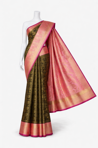 Kanchi Soft Silk Saree in Deep Bottle Green with Blush Pink Borders and Antique Gold Zari