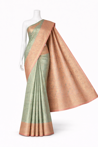 Kanchi Budget-friendly Soft Silk Saree in Pastel Mint Green with Peach Gold Contrast and Antique Gold Zari