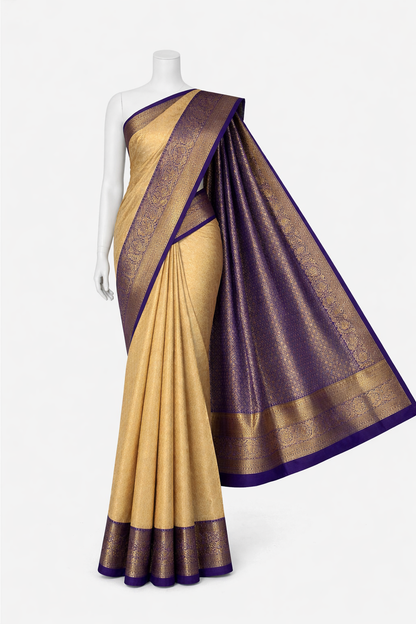 Kanchi Soft Silk Saree in Antique Gold with Royal Blue Borders