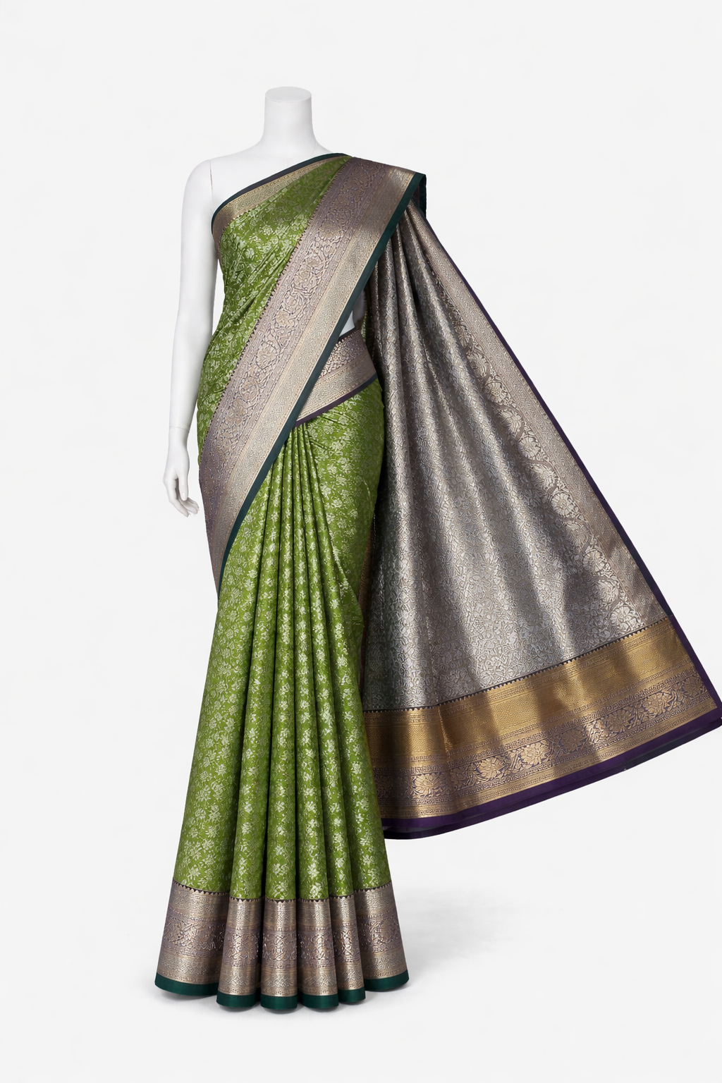 Kanchi Soft Silk Saree in Leaf Green with Antique Gold Zari and Purple Border