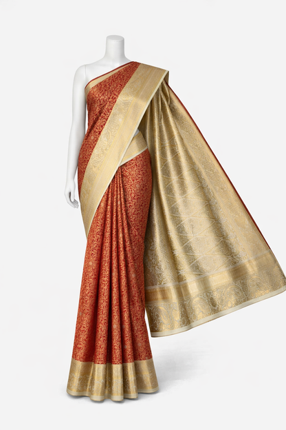 Kanchi Soft Silk Saree in Red with Antique Golden Zari