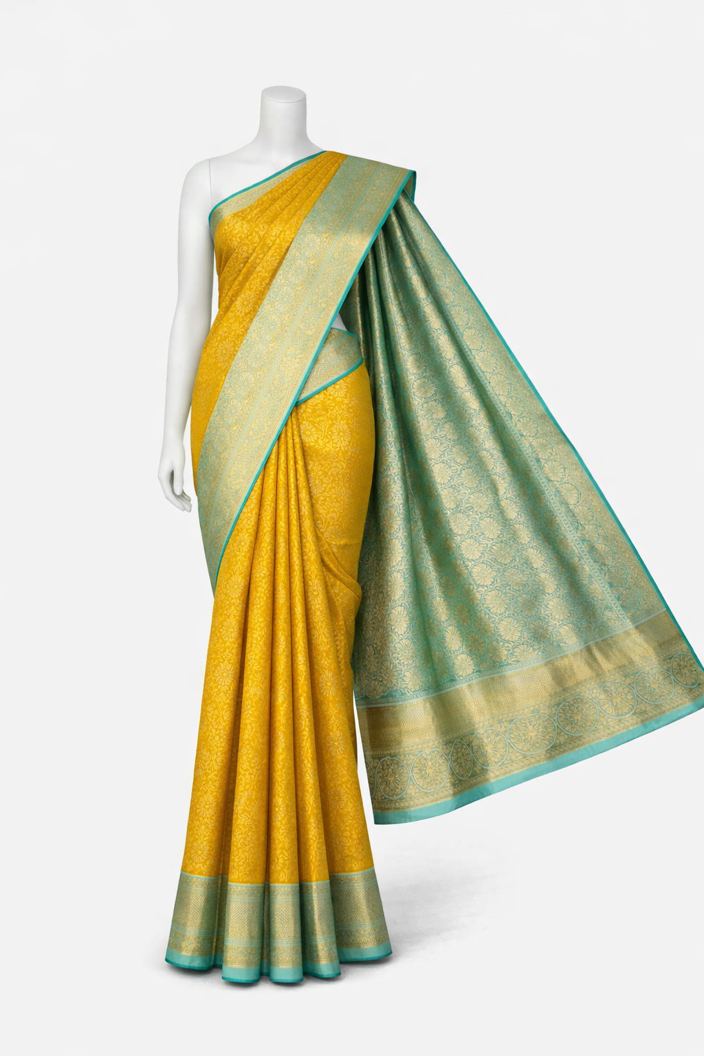 Kanchi Soft Silk Saree in Mustard Yellow with Antique Gold Zari and Mint Green Borders
