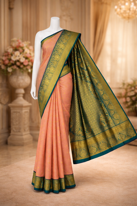 Kanchi Soft Silk Saree in Peach with Deep Teal Borders and Antique Gold Zari