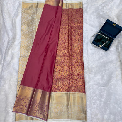 Kanchi Soft Silk Saree in Red with Antique Golden Zari