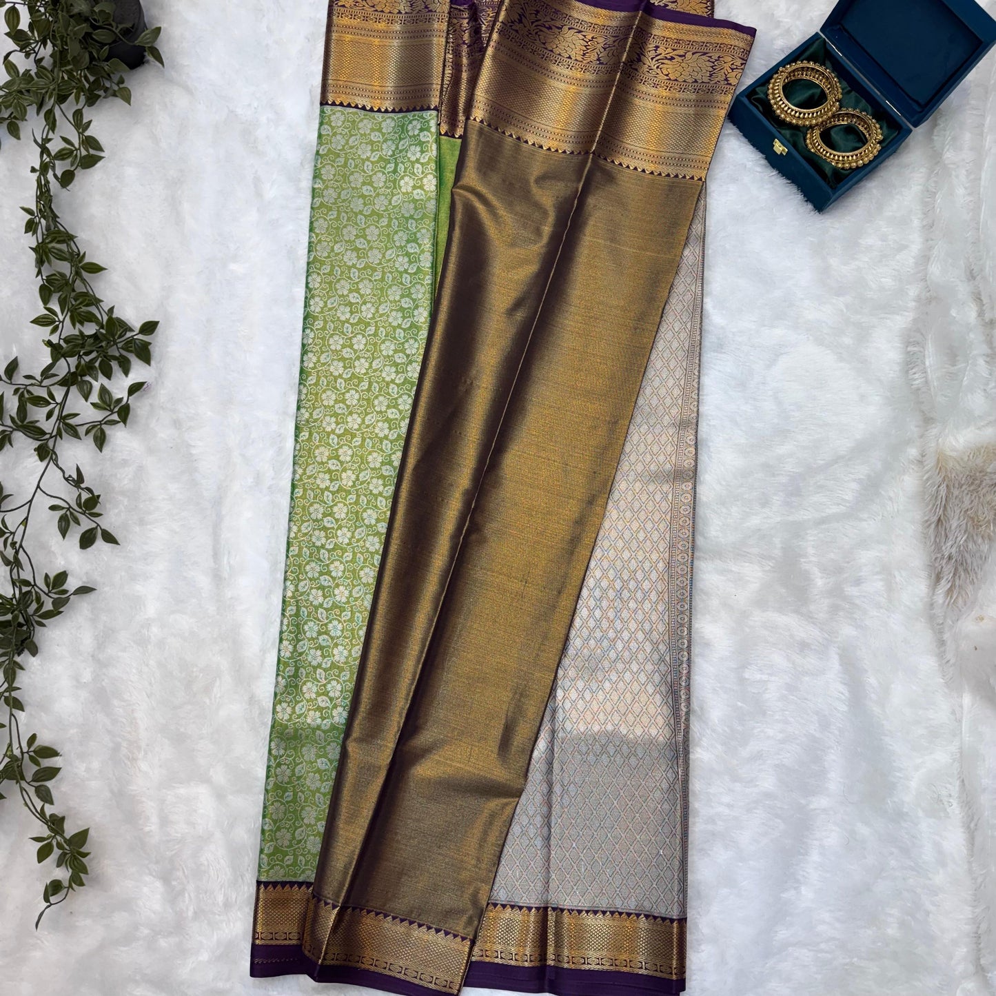 Kanchi Soft Silk Saree in Leaf Green with Antique Gold Zari and Purple Border