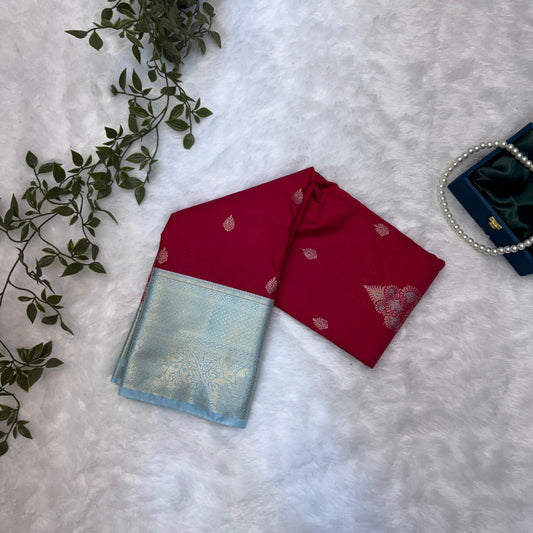 Kanchi Soft Silk Saree in Rich Red with Sky Blue Borders and Silver Zari