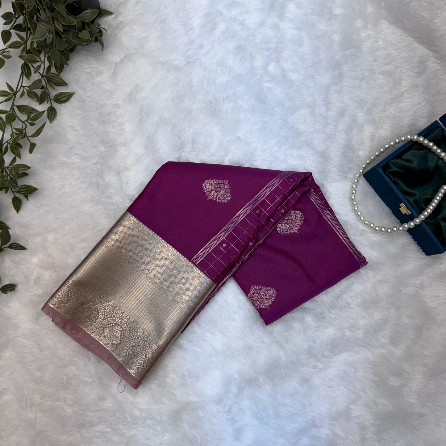 Kanchi Soft Silk Saree in Rich Plum Purple with Dusty Rose Borders and Antique Zari