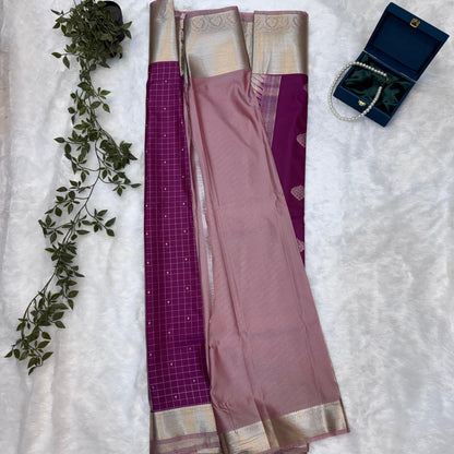 Kanchi Soft Silk Saree in Rich Plum Purple with Dusty Rose Borders and Antique Zari