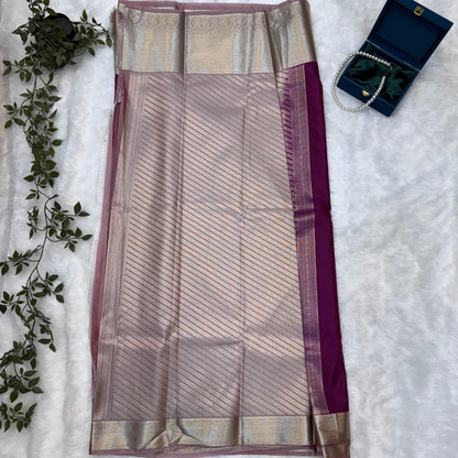 Kanchi Soft Silk Saree in Rich Plum Purple with Dusty Rose Borders and Antique Zari