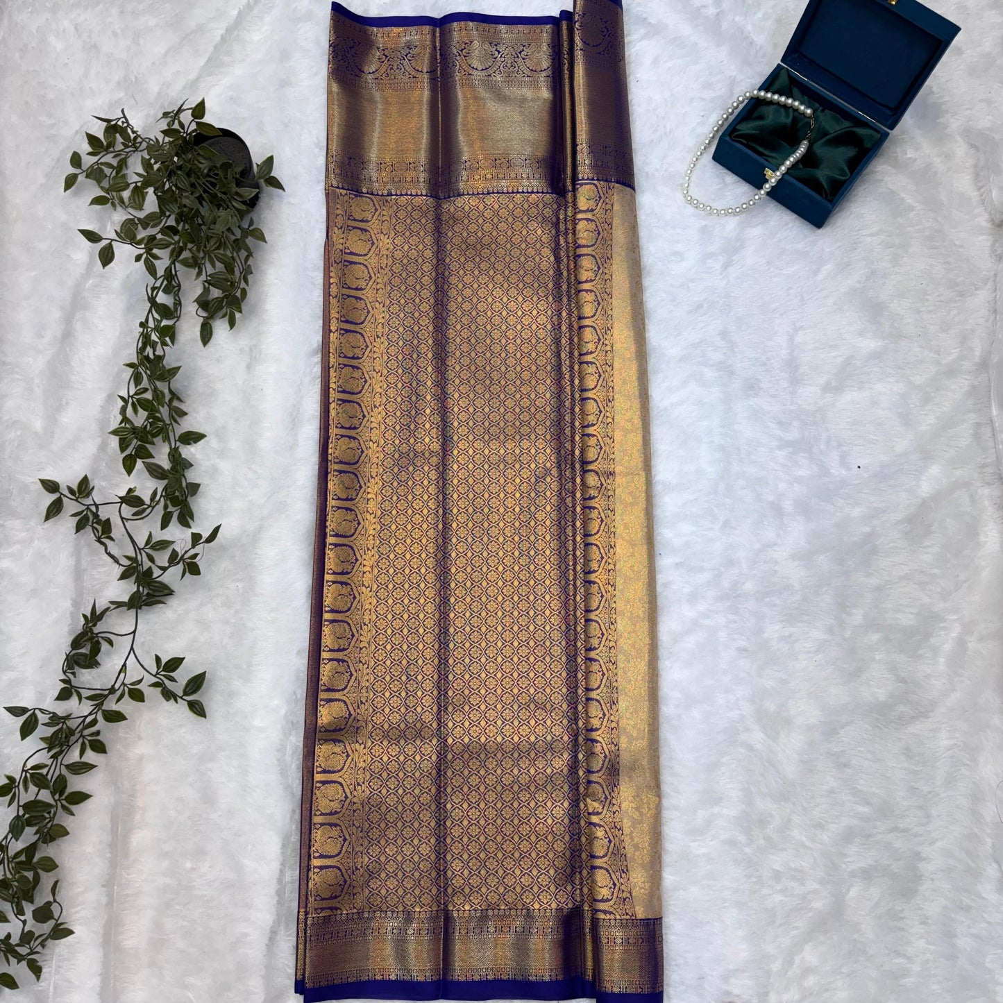 Kanchi Soft Silk Saree in Antique Gold with Royal Blue Borders