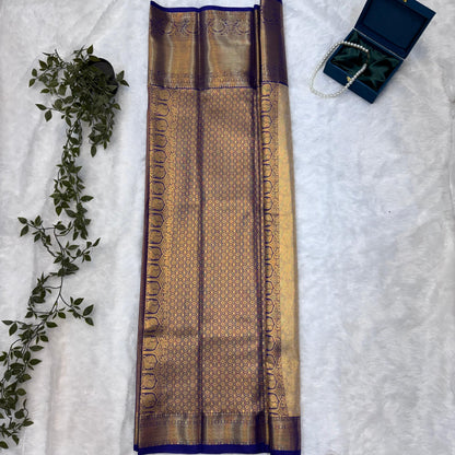Kanchi Soft Silk Saree in Antique Gold with Royal Blue Borders