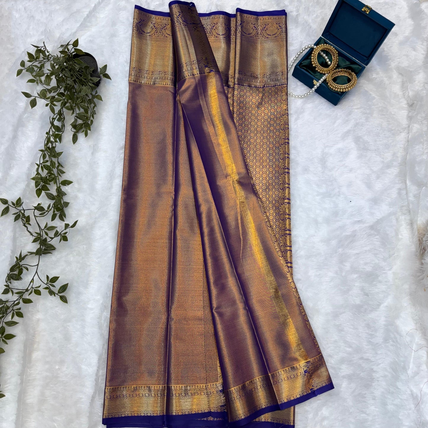Kanchi Soft Silk Saree in Antique Gold with Royal Blue Borders