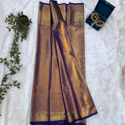 Kanchi Soft Silk Saree in Antique Gold with Royal Blue Borders