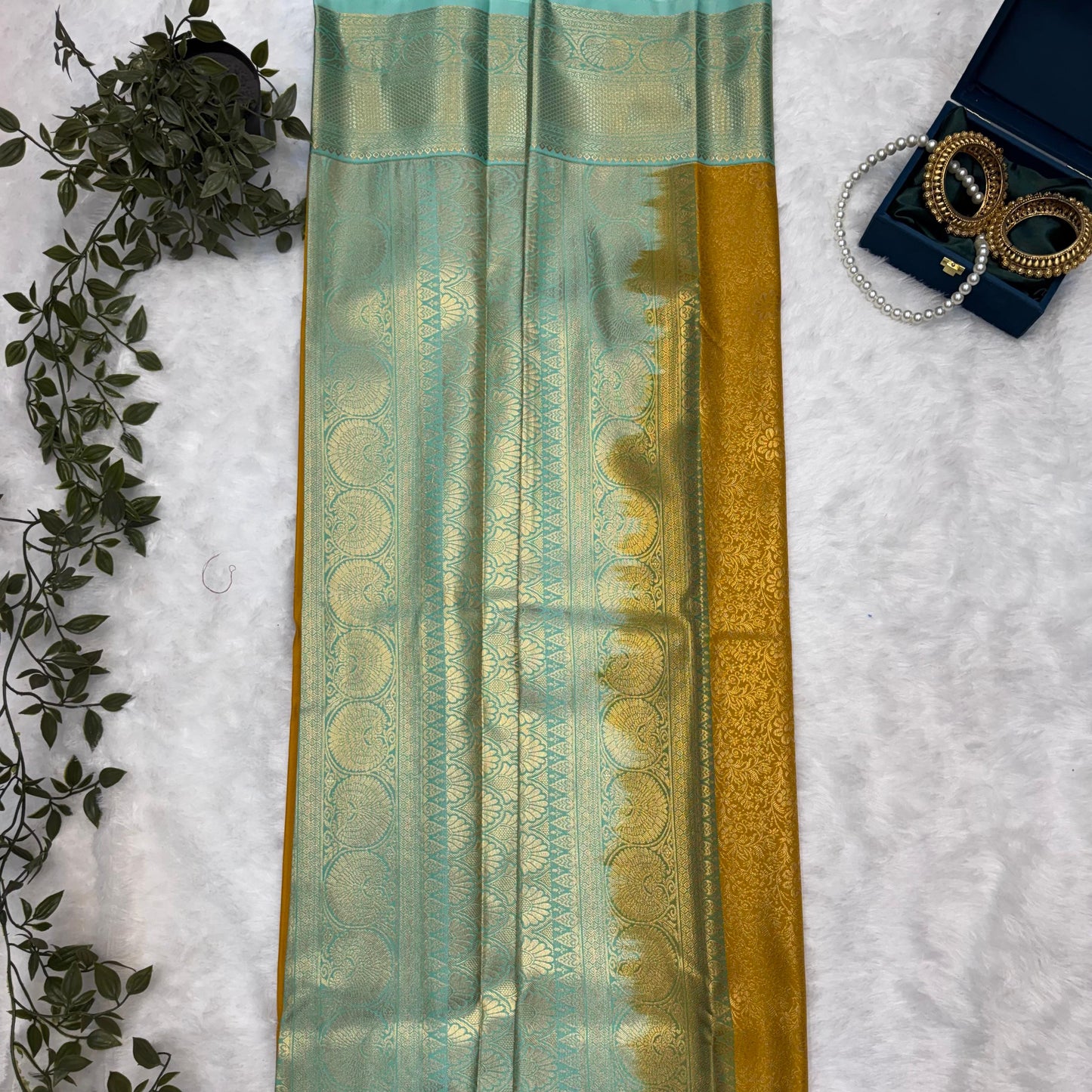 Kanchi Soft Silk Saree in Mustard Yellow with Antique Gold Zari and Mint Green Borders