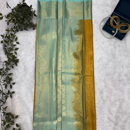 Kanchi Soft Silk Saree in Mustard Yellow with Antique Gold Zari and Mint Green Borders