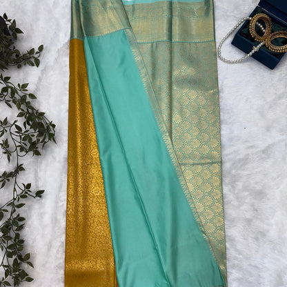Kanchi Soft Silk Saree in Mustard Yellow with Antique Gold Zari and Mint Green Borders