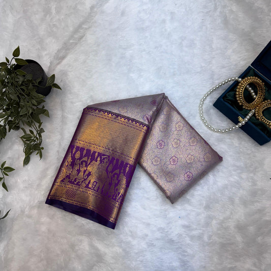 Kanchi Soft Silk Saree in Lavender gold Accents with Royal Purple Borders and Antique Gold Zari