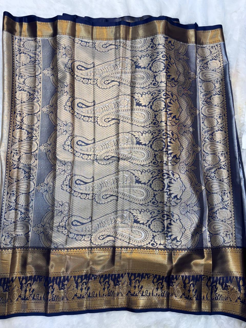 Kanchi Soft Silk Saree in Ash grey with Gold Accents and Navy Blue Borders