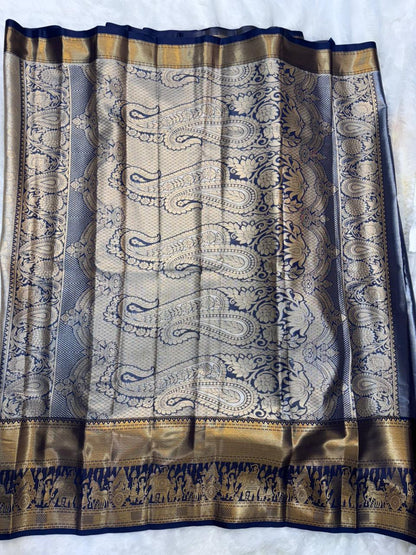 Kanchi Soft Silk Saree in Ash grey with Gold Accents and Navy Blue Borders