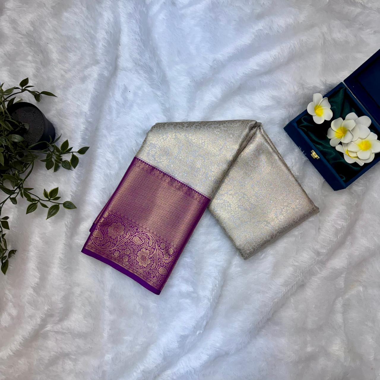 Kanchi Soft Silk Saree in Silver Grey with Royal Purple Borders and Antique Gold Zari