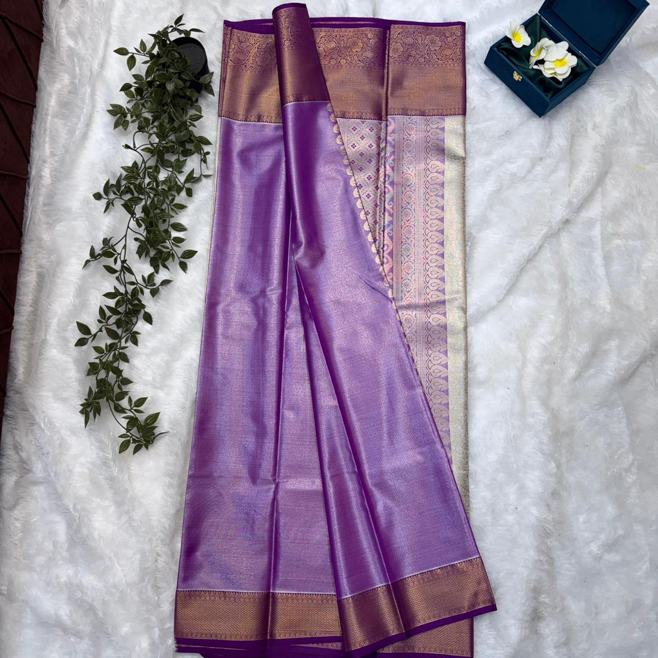 Kanchi Soft Silk Saree in Silver Grey with Royal Purple Borders and Antique Gold Zari